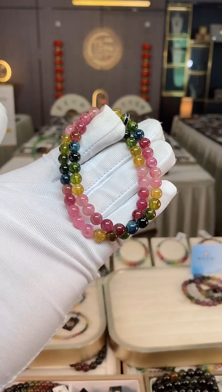 未镶嵌老矿碧玺彩虹单圈手串6mm+碧玺xion多样性发一条
