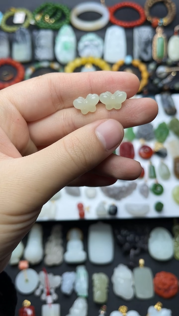银S925镶嵌和田玉耳饰蝴蝶耳钉06