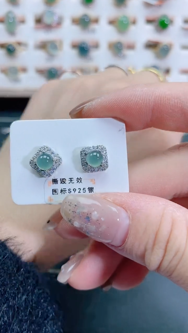 银S925镶嵌翡翠耳饰天然翡翠