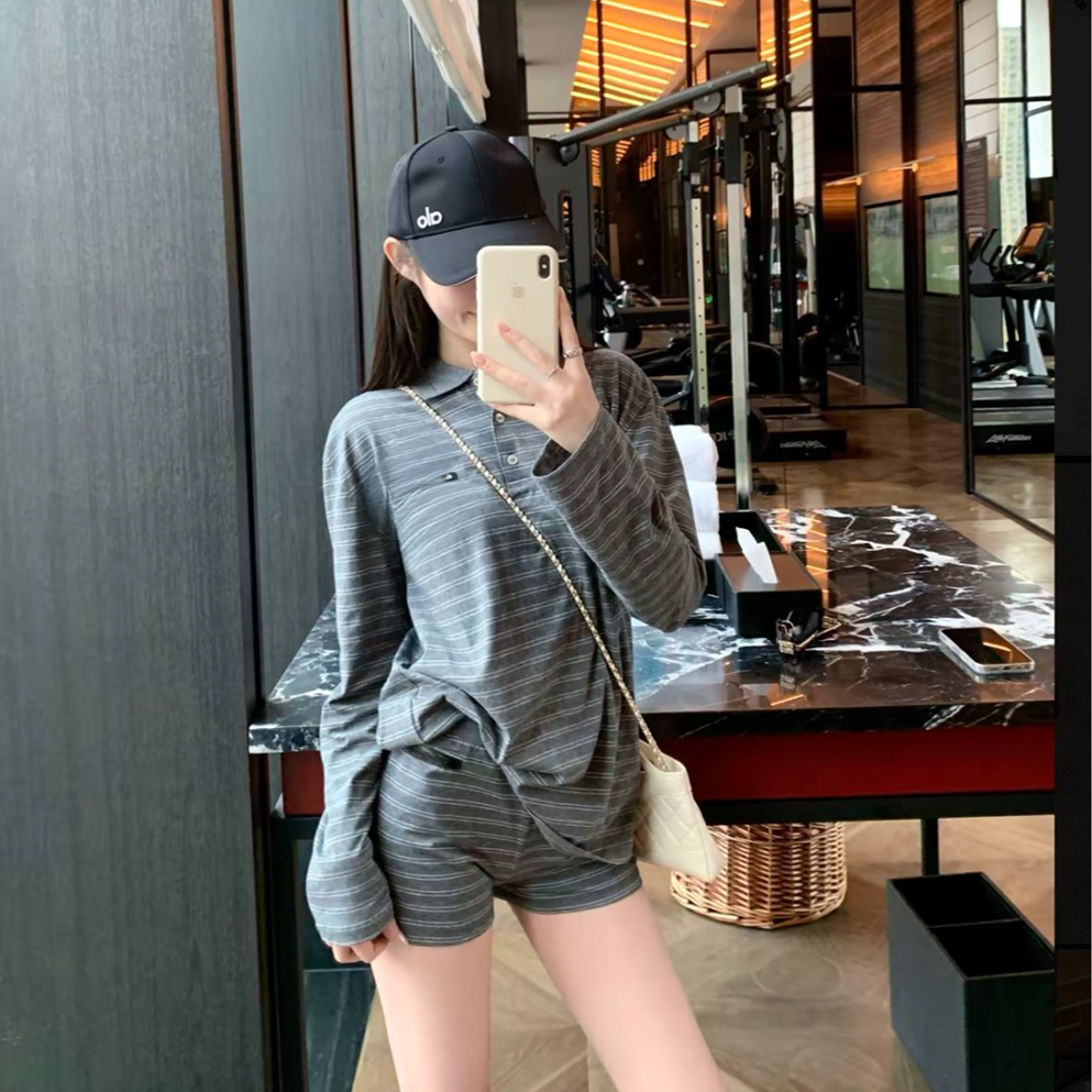 【通勤休闲商务polo套装】条纹棉质空调防晒长袖Polo衫+短裤套装