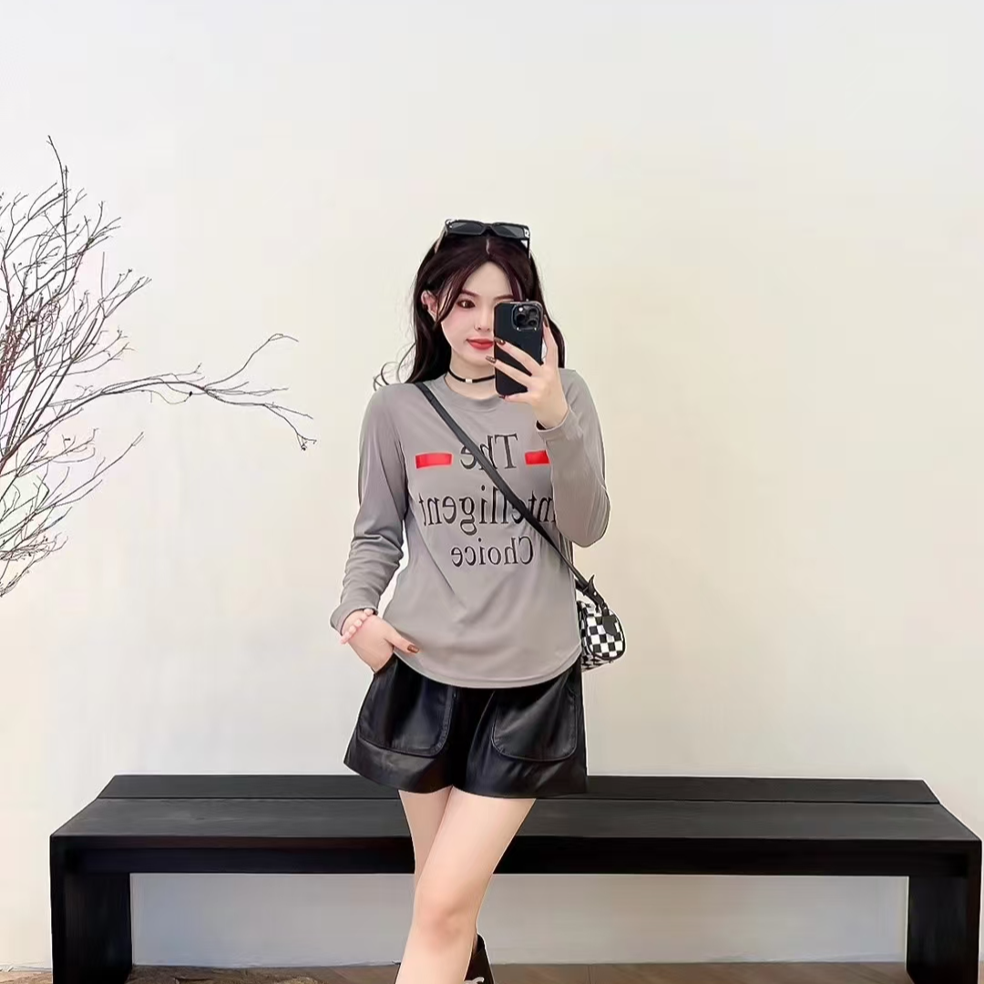 （娜娜家）2025新款字母印花T恤螺纹面料时尚百搭款