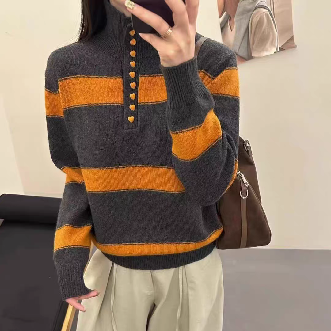 秋冬上新~25年新款浣熊绒半高领条纹韩系加厚ins长袖保暖针织衫