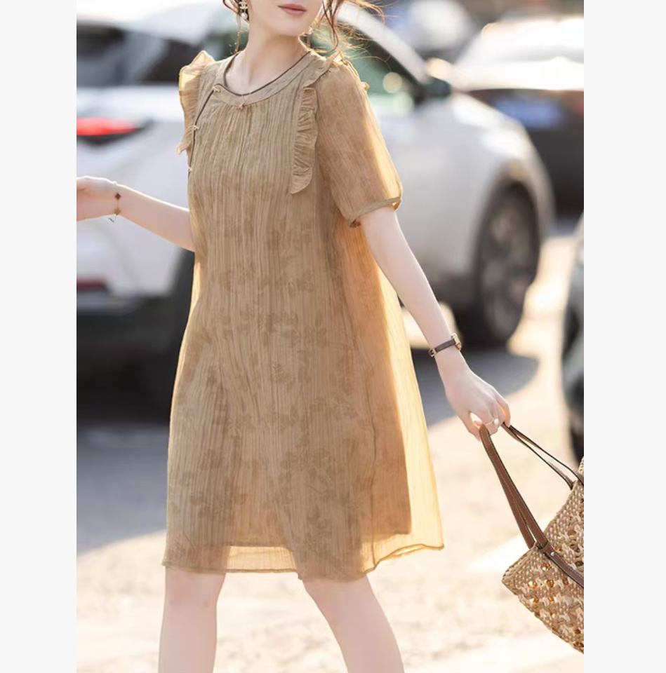 2025温柔气质圆领提花木耳边短袖长款连衣裙女长裙2801【11】