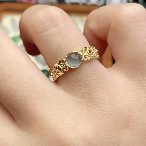 鑫辰珠宝天然A货翡翠银镶嵌设计款开口女戒指时尚百搭