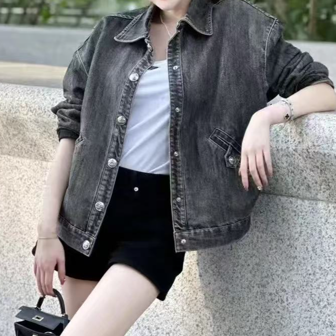 99新 Chanel/香奈儿 42码23C爆款黑灰色后背logo牛仔外套