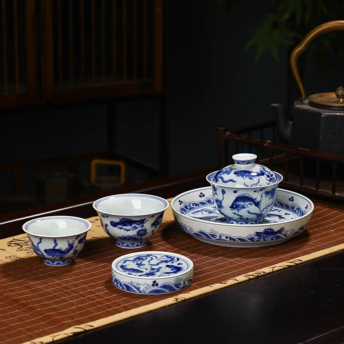 景德镇手工手作釉下彩青花瓷海水鱼高端陶瓷茶具套装（多款选择）