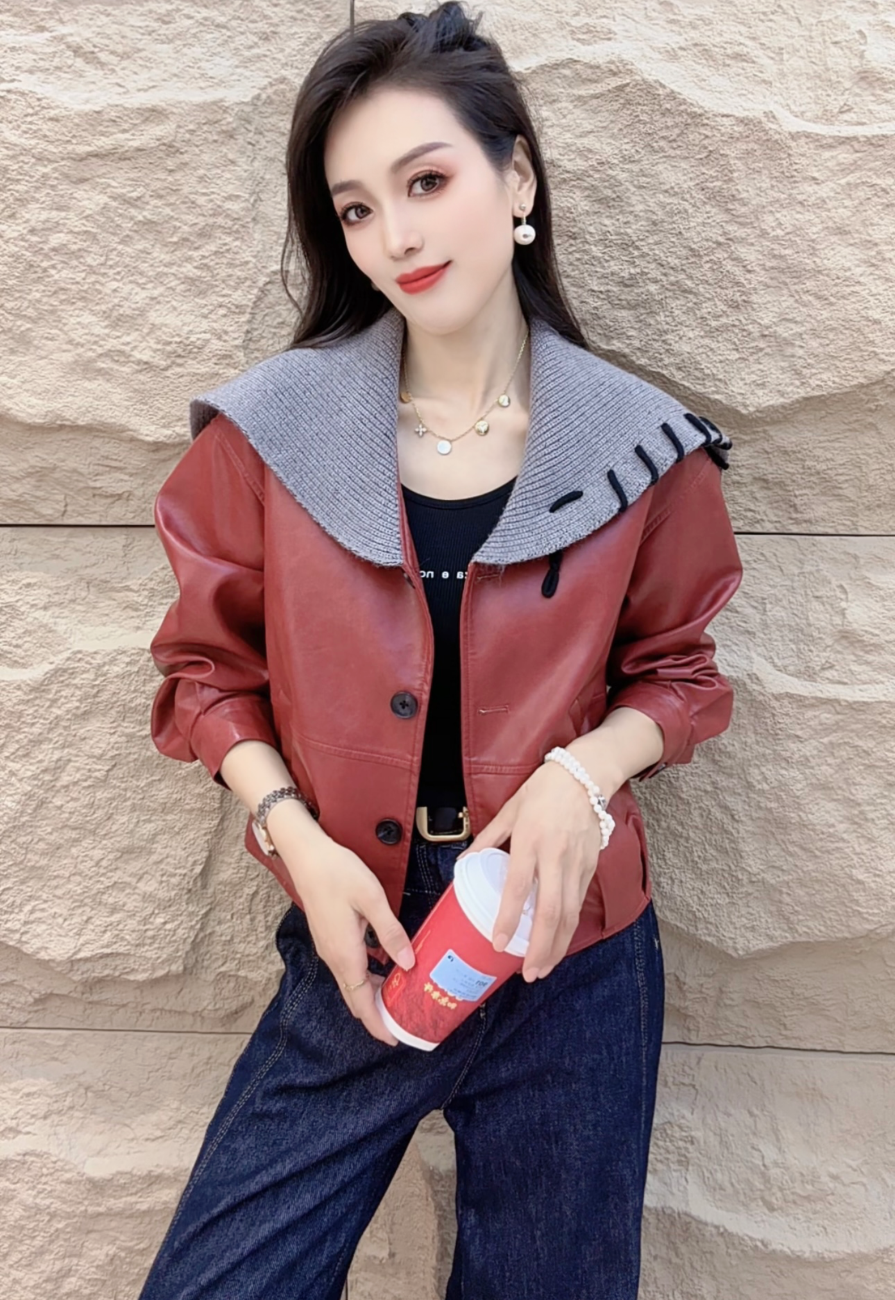 2025秋冬新款百搭拼接春秋连帽休闲宽松上衣皮衣外套女