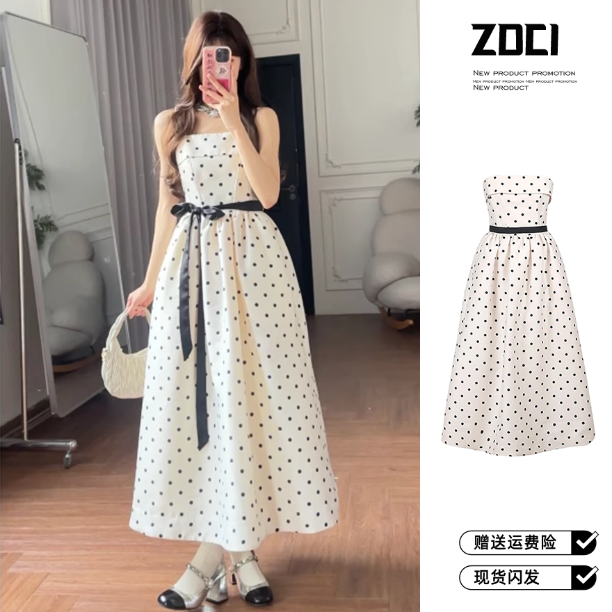法式复古一字肩波点连衣裙夏季名媛风收腰显瘦裙子春游出行衣服