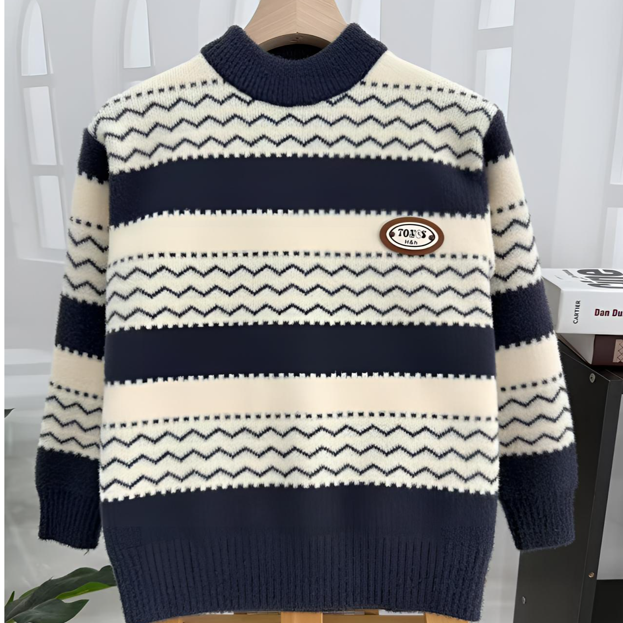 男童毛衣2025中大童秋冬新款条纹厚款长袖休闲圆领毛衣针织衫套头