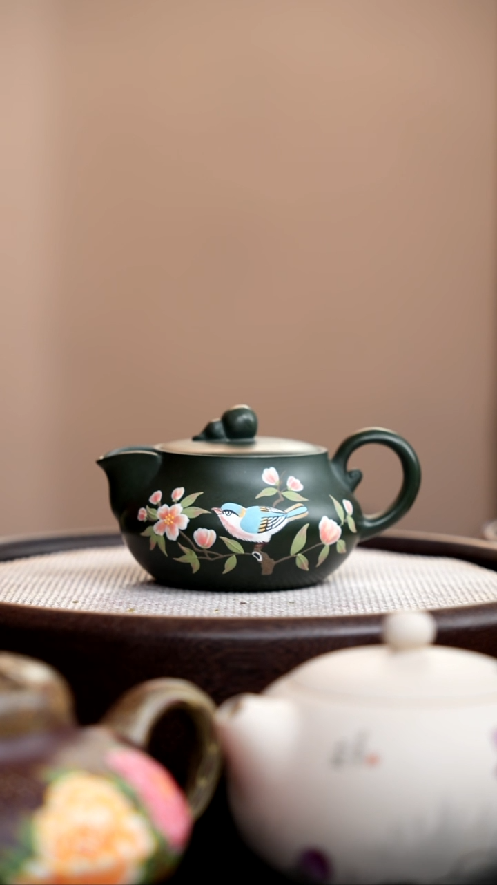 茶壶紫砂民国绿鸭嘴葫芦壶泥绘蓝鸟