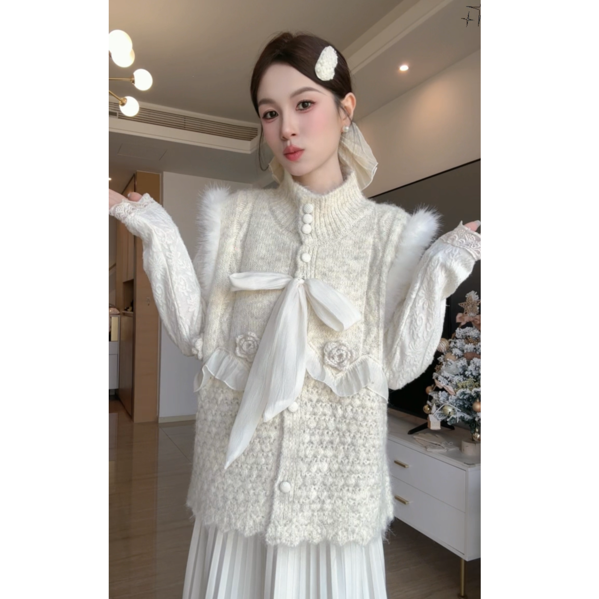 新品时尚女蝴蝶结拼接马夹通勤风马甲冬季毛绒秋冬甜美