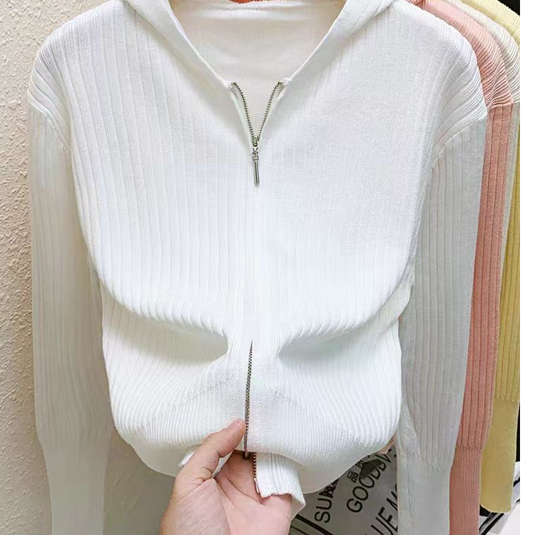 方领开衫拉链针织开衫外套女秋冬新款连帽长袖t恤设计感小众