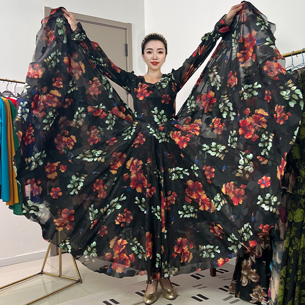 花韵灵影-人丝混纺轻奢印花法式收腰连衣裙/大摆带内衬