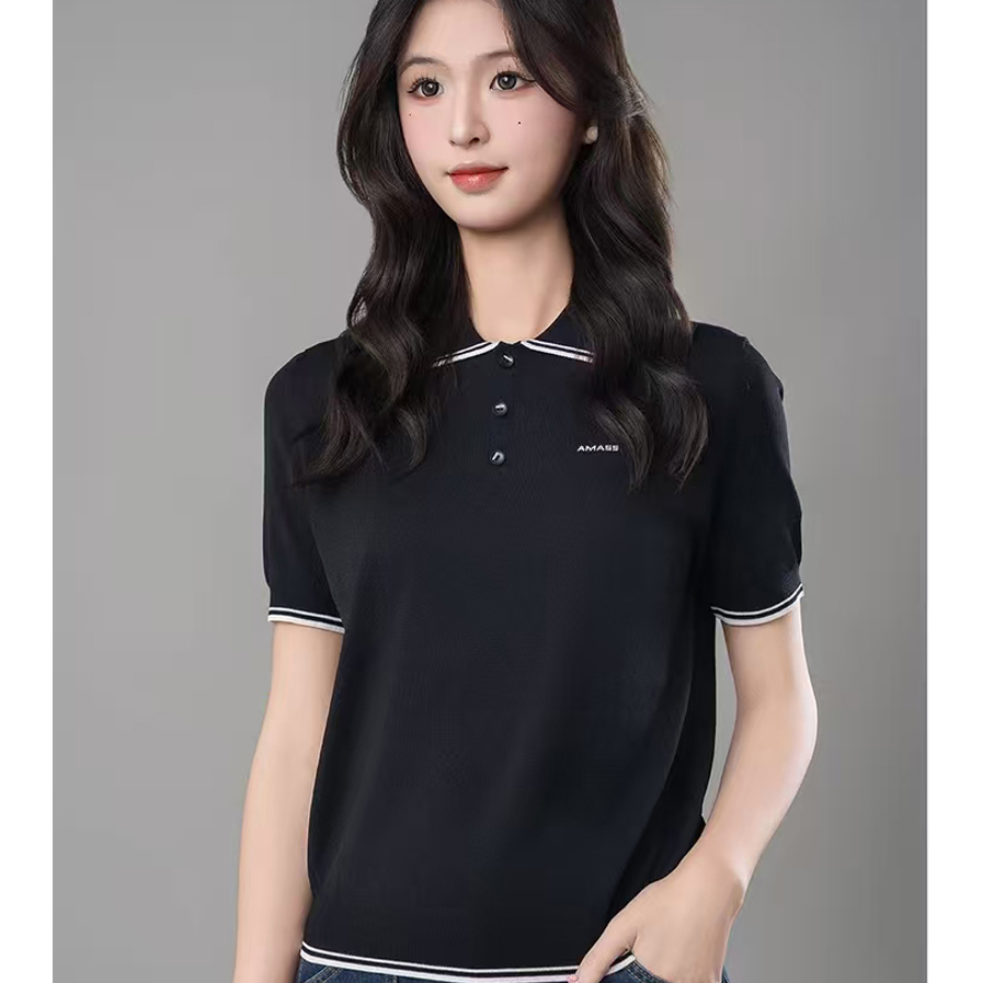 依衣阿家538022春夏2025新款冰丝休闲时尚百搭Polo领短袖针织T恤