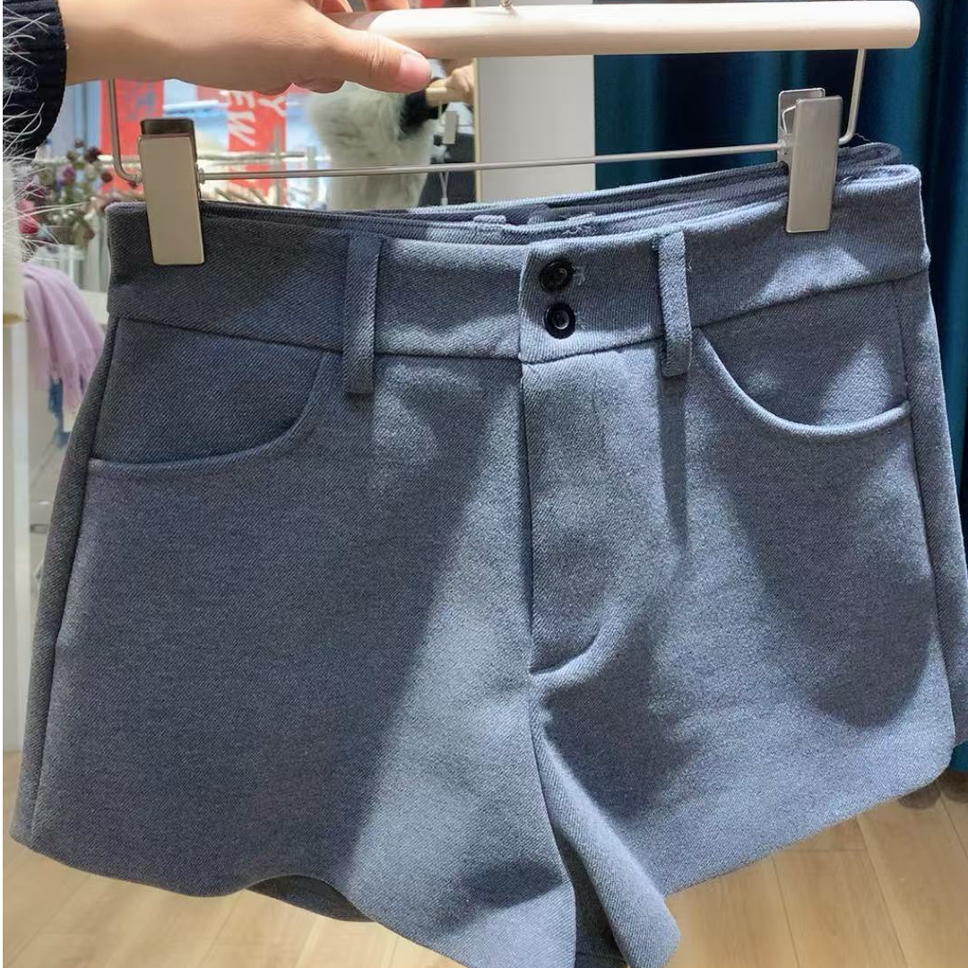 短裤休闲裤牛仔高腰时尚百搭女士蓝色阔腿毛呢纯色韩版