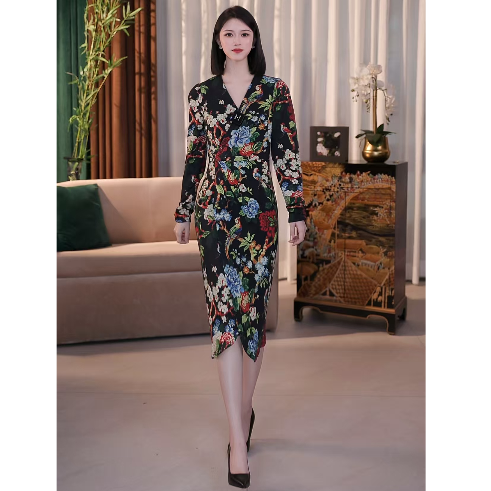SUSSI/古色【暗香】碎花V领碎花显瘦优雅修身长袖交插前襟连衣裙