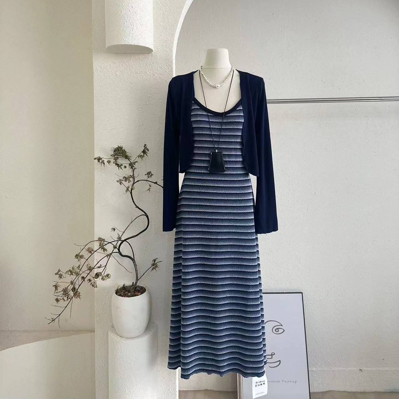 【盐系轻熟】开衫修身显瘦撞色条纹吊带连衣裙-6903