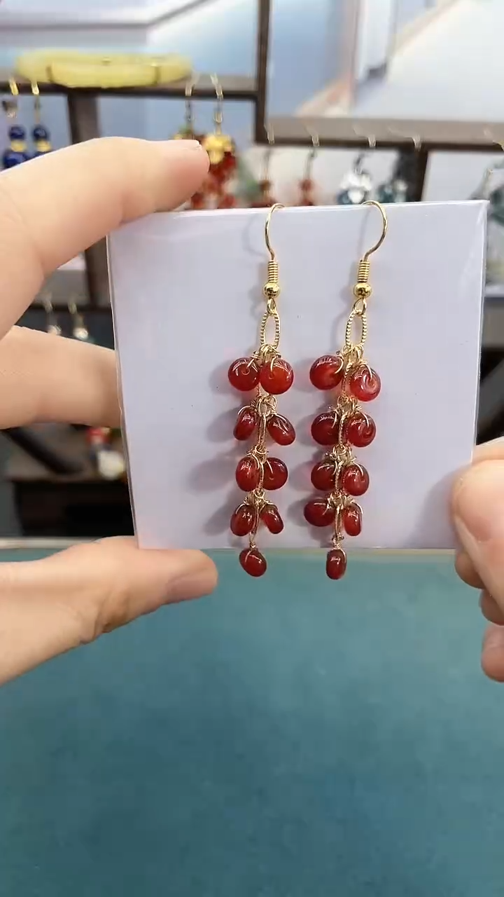 银S925镶嵌南红玛瑙耳饰红色鞭炮