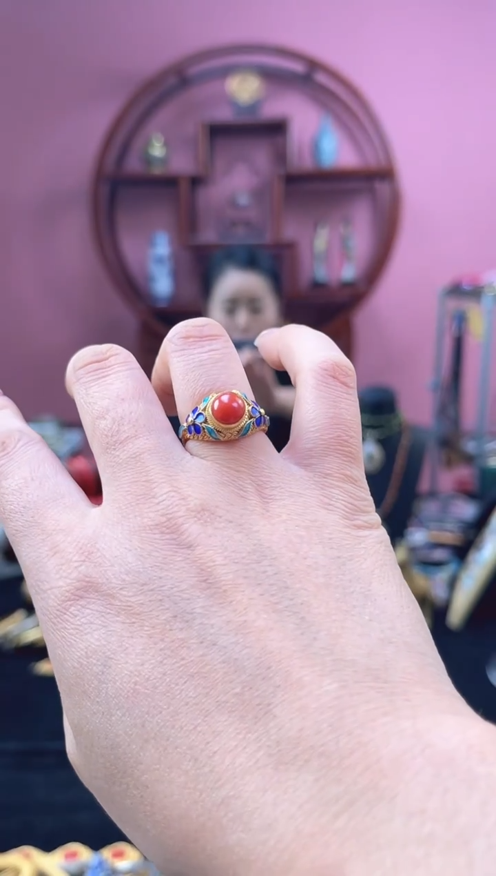 非遗 花丝镶嵌戒指 镀金 红色