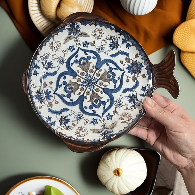 【新人必拍两件】陶瓷釉下彩鱼特色创意餐具家用手绘日式1161微瑕