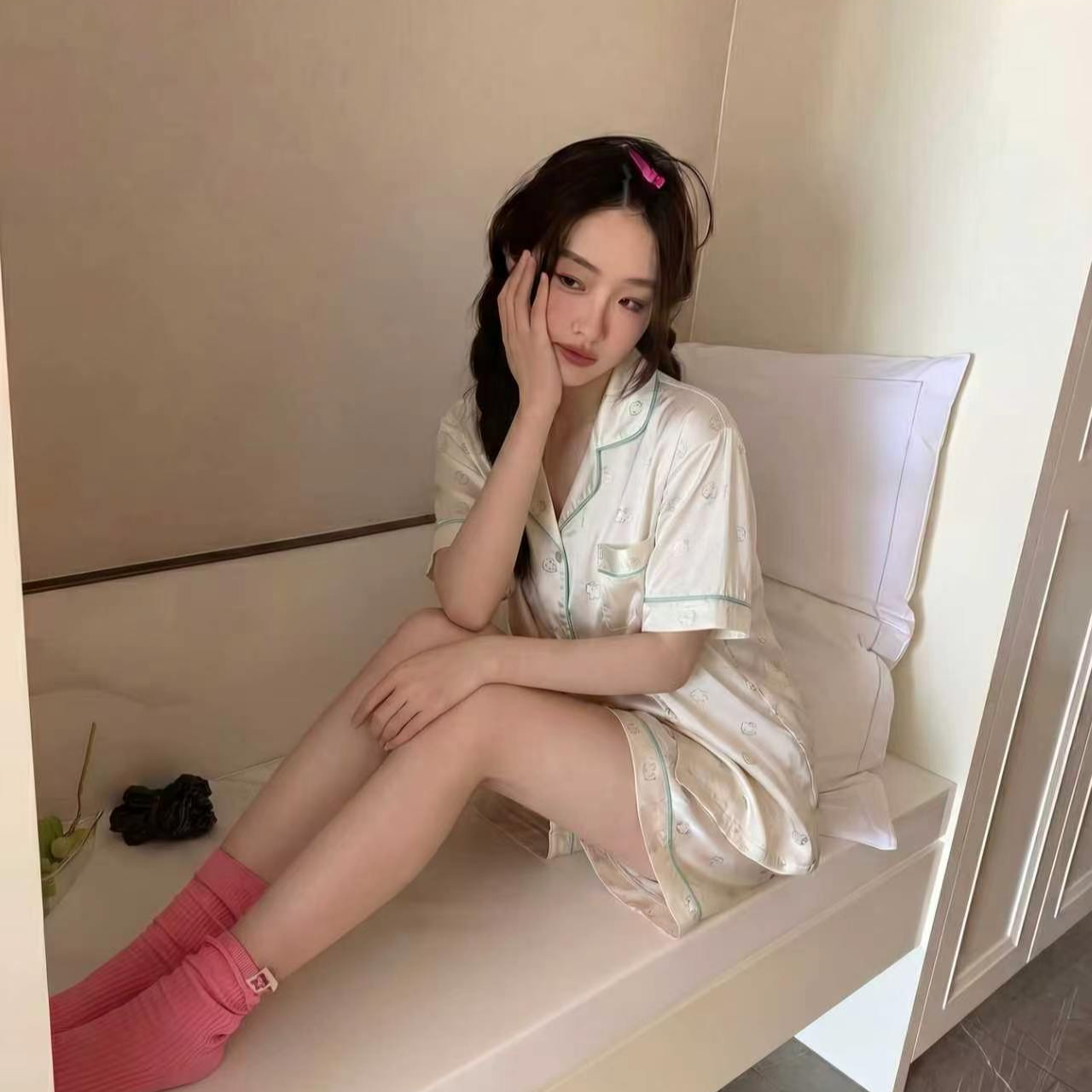 夏季爆款冰丝三件套短袖女带胸垫玛丽猫夏季可外穿睡衣新款家居服