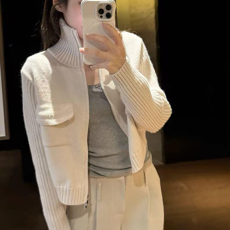 秋冬立领双拉链针织毛衣加厚双口袋百搭显瘦开衫上衣608
