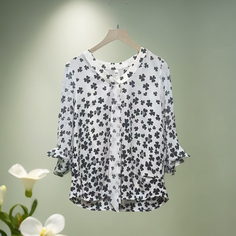 气质V领印花长袖衬衫女春夏高级感百搭显瘦上衣5088【9】