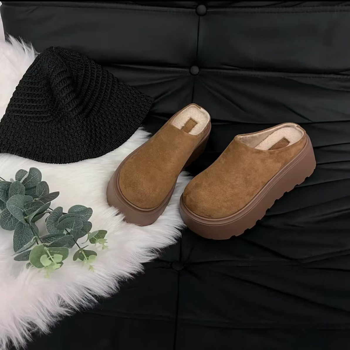 2025春季新款7CM厚底简约勃肯鞋新款加绒加厚保暖包头半拖2226