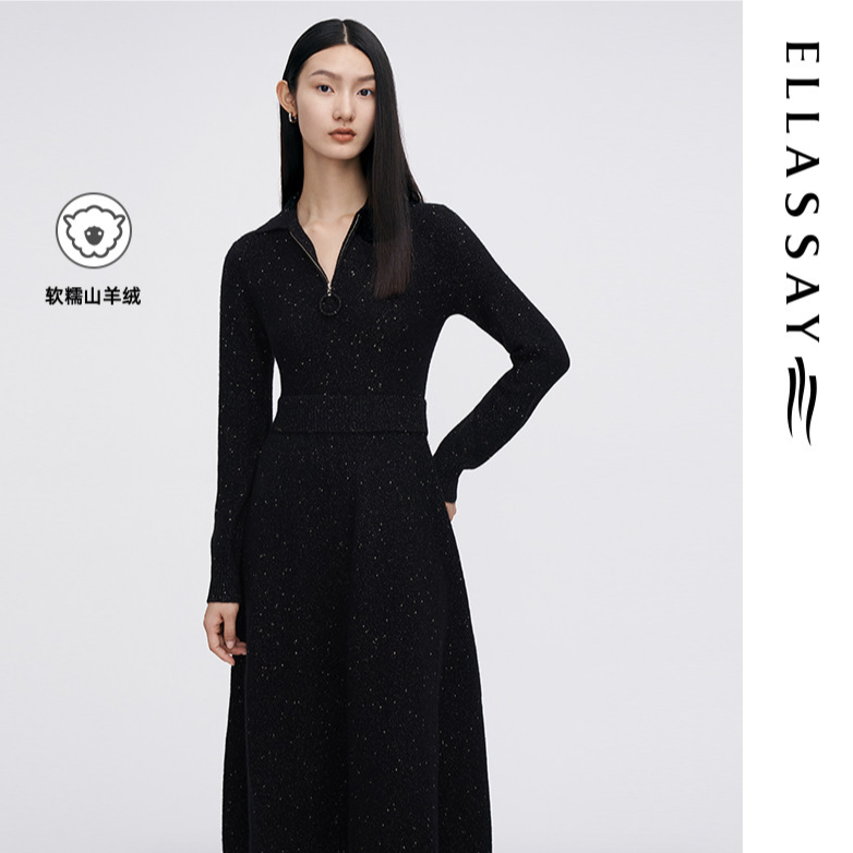ELLASSAY歌力思秋冬新款黑色山羊绒通勤收腰连衣裙EWB334M01900