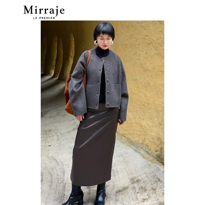 Mirraje无领双面呢羊绒双面色廓形短款毛呢外套