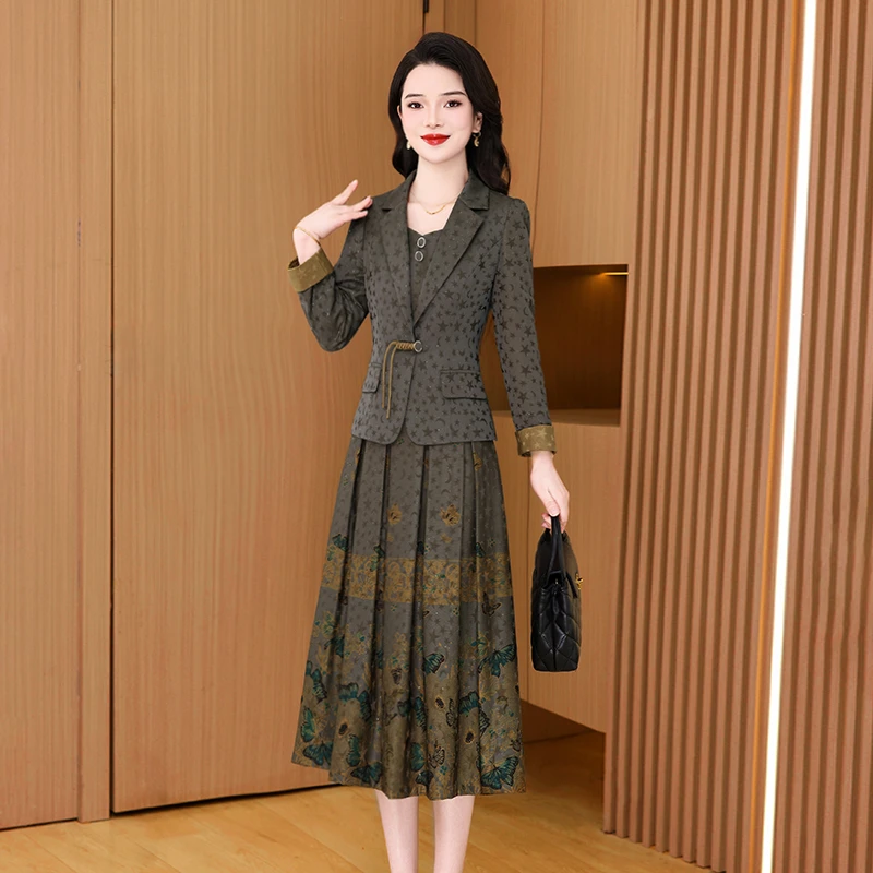 新中式国风长袖套装连衣裙女2025新款复古洋气减龄开春穿搭一整套