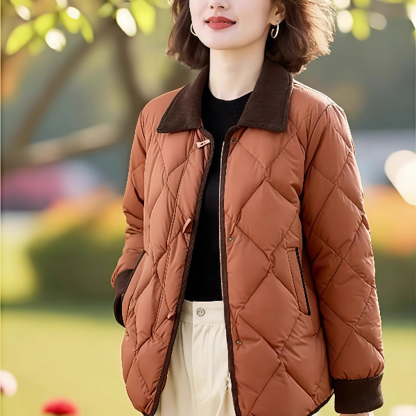 （商场同款）原创设计时尚韩版撞色菱格宽松保暖羽绒服外套冬季