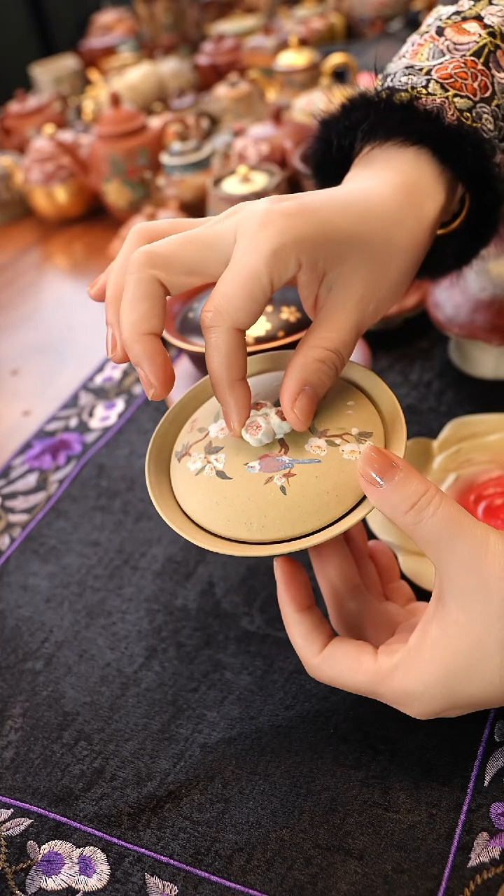 茶壶紫砂本绿二才盖碗  喜上枝头