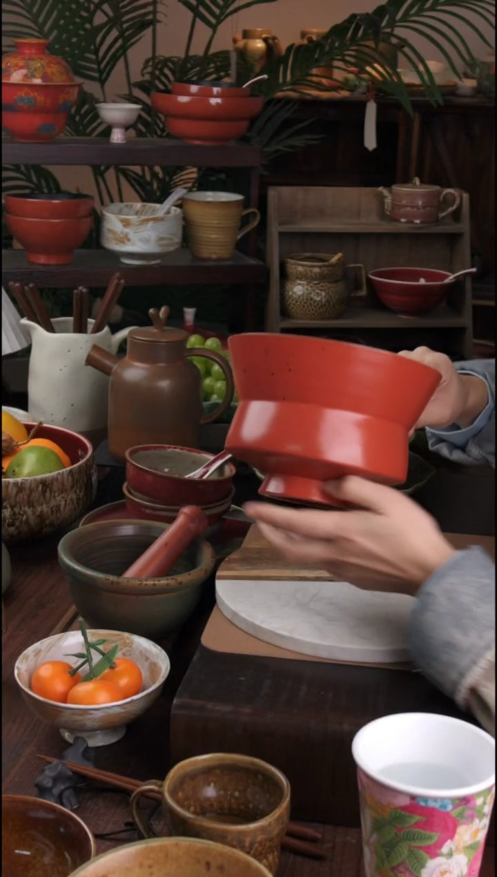 碗景德镇手工高温餐具复古红高足建水