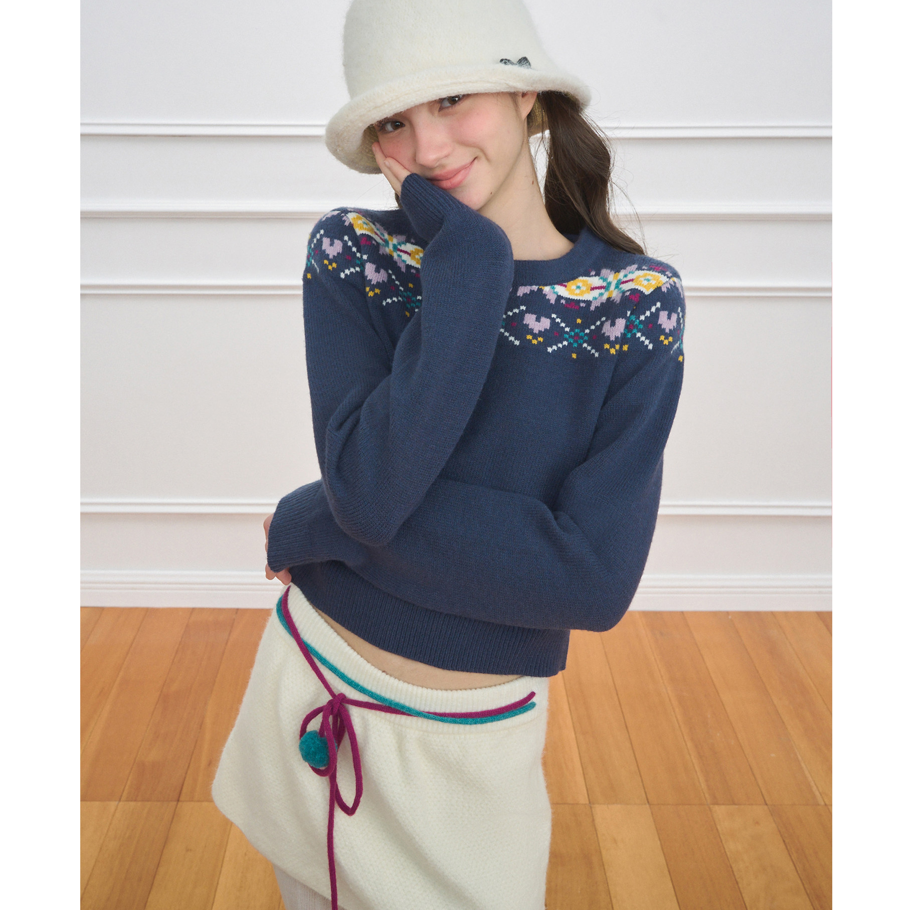 NECY粉蓝圆领费尔岛毛衣秋冬少女感毛球半身裙宽松针织衫套装女