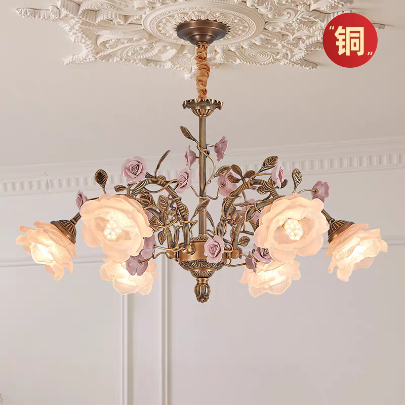 法式全铜吊灯美式复古客厅卧室玫瑰花朵浪漫田园中古大厅餐厅吊灯
