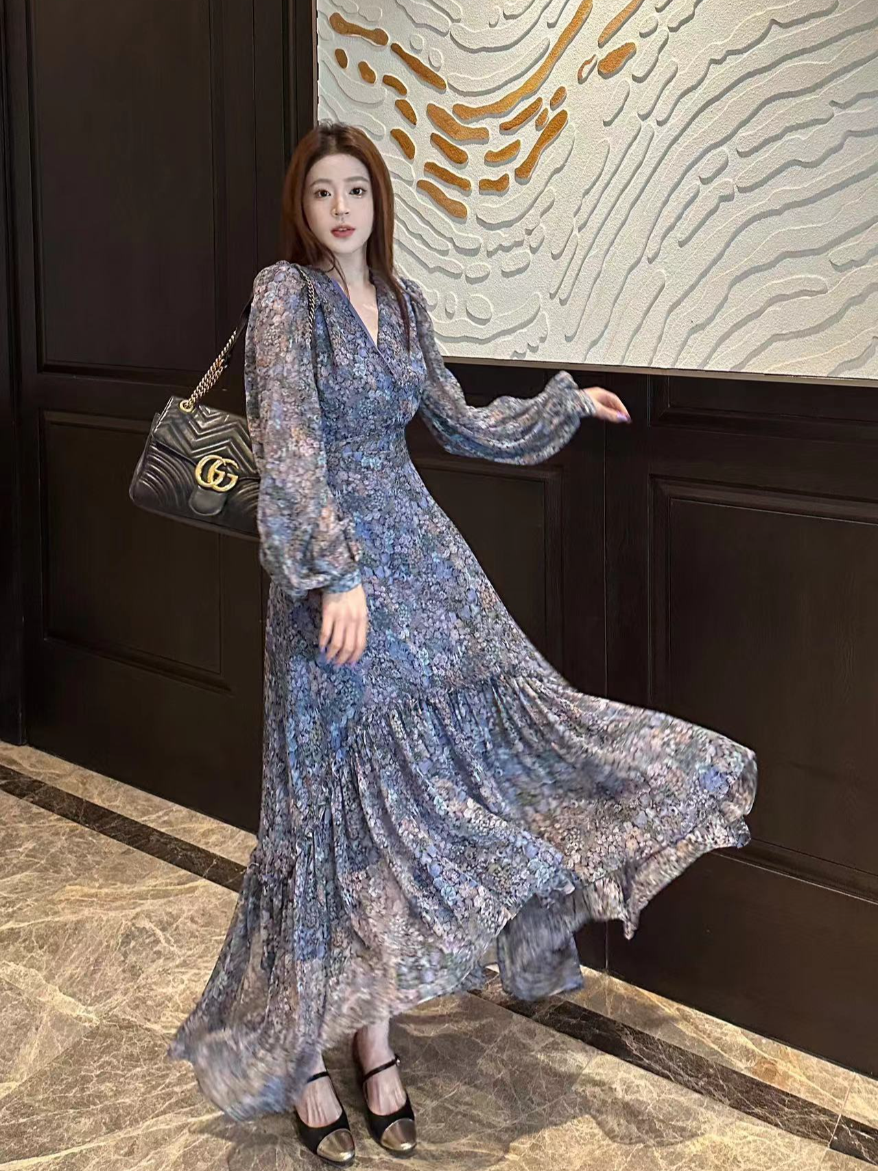 【雯雯】2024春夏新款紫罗兰碎花连衣裙长袖设计感长款-230523