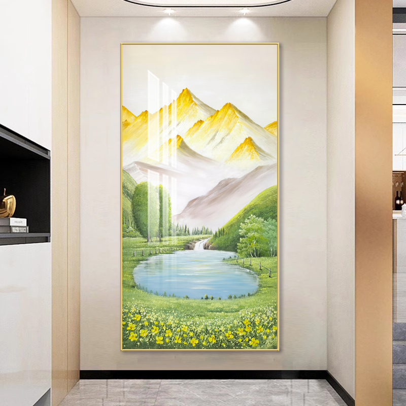 山川流水湖泊聚宝盆现代轻奢风晶瓷入户玄关轻奢背景挂画XG-914