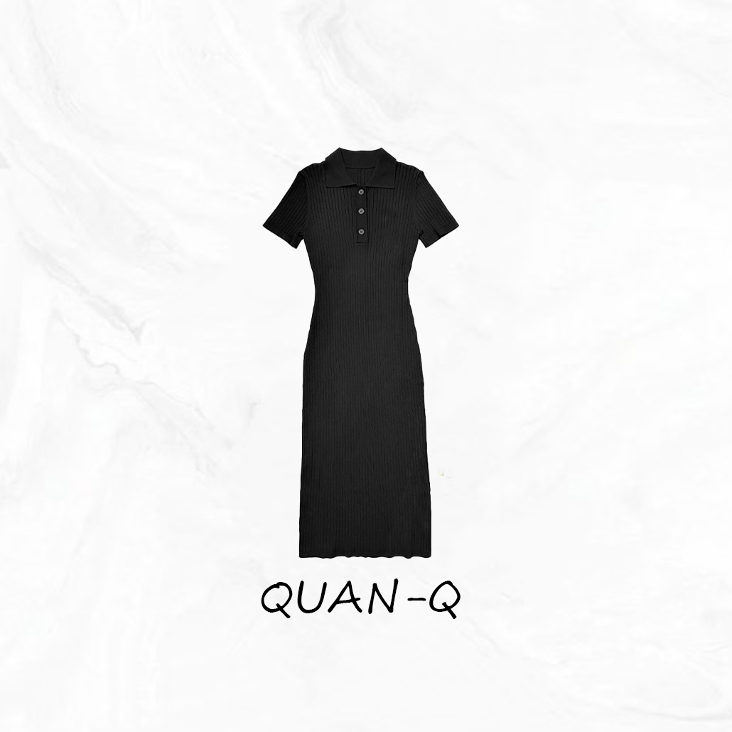 QUAN-Q【天鹅颈】黑色翻领针织短袖开叉A字裙摆连衣裙9607A