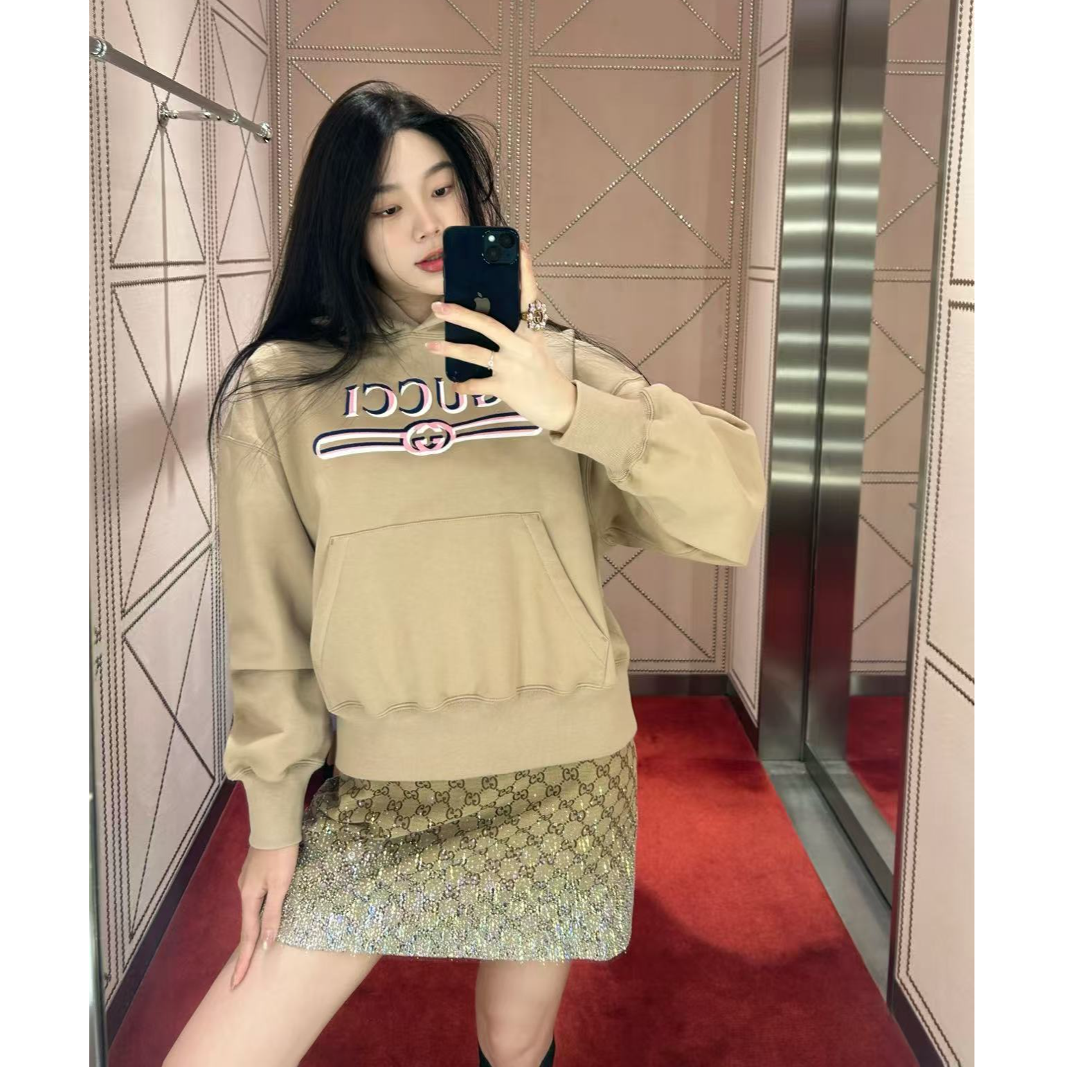 未使用 GUCCI/古驰 女款卡其色粉字母连帽卫衣