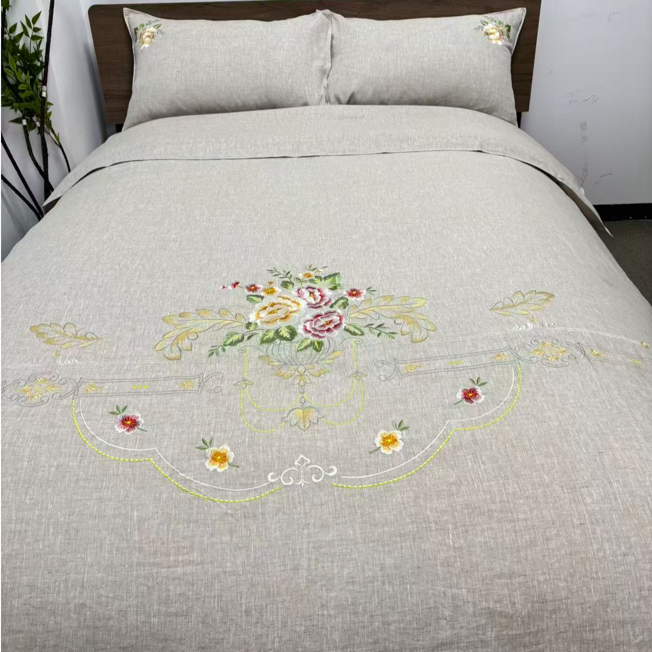 【雨露黄金纱】100%雨露汉麻轻奢绣花床上用品四件套吸汗透气四季款