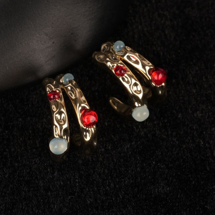 铜合金耳饰 螺旋纹三色宝石耳钉T