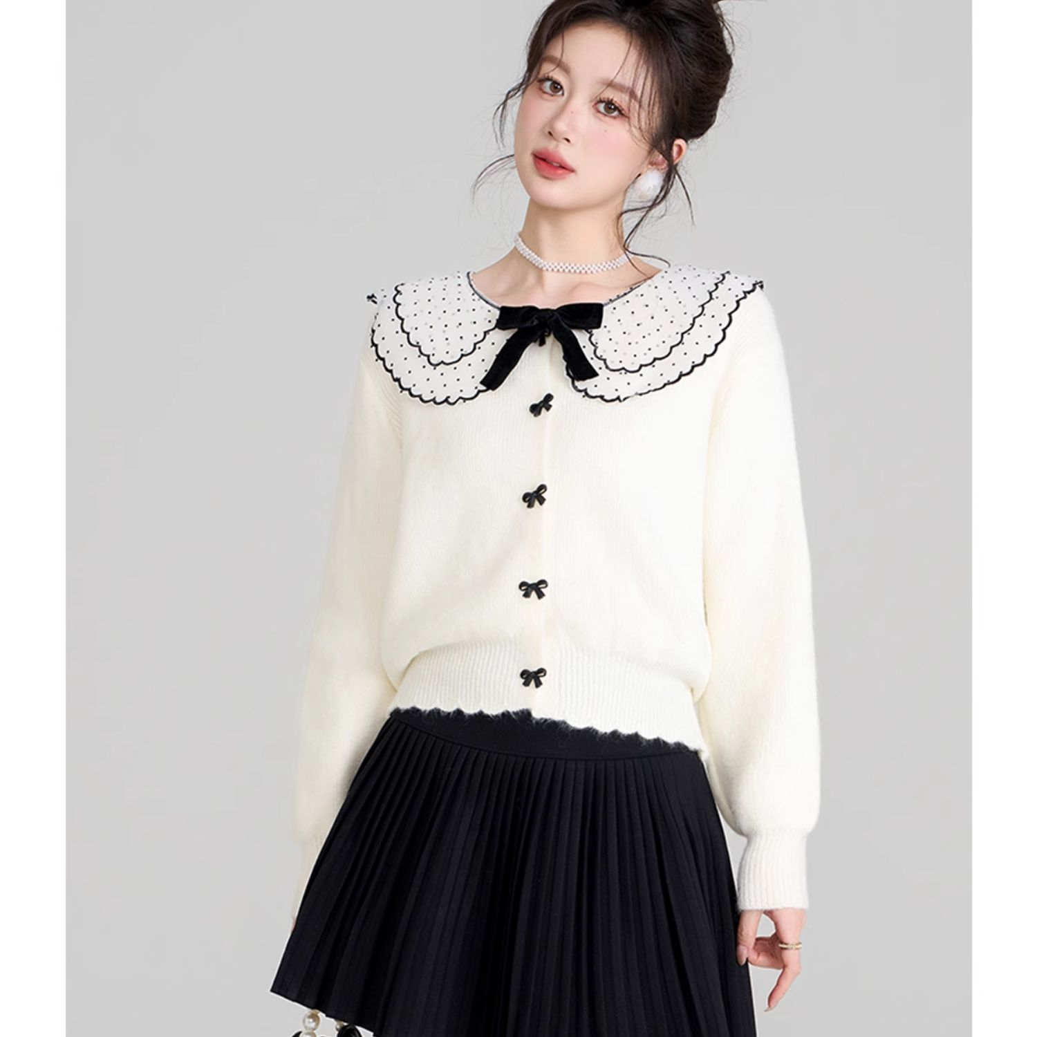 高端针织开衫毛上衣大码胖mm女装春秋冬季蝴蝶结娃娃领打底200斤