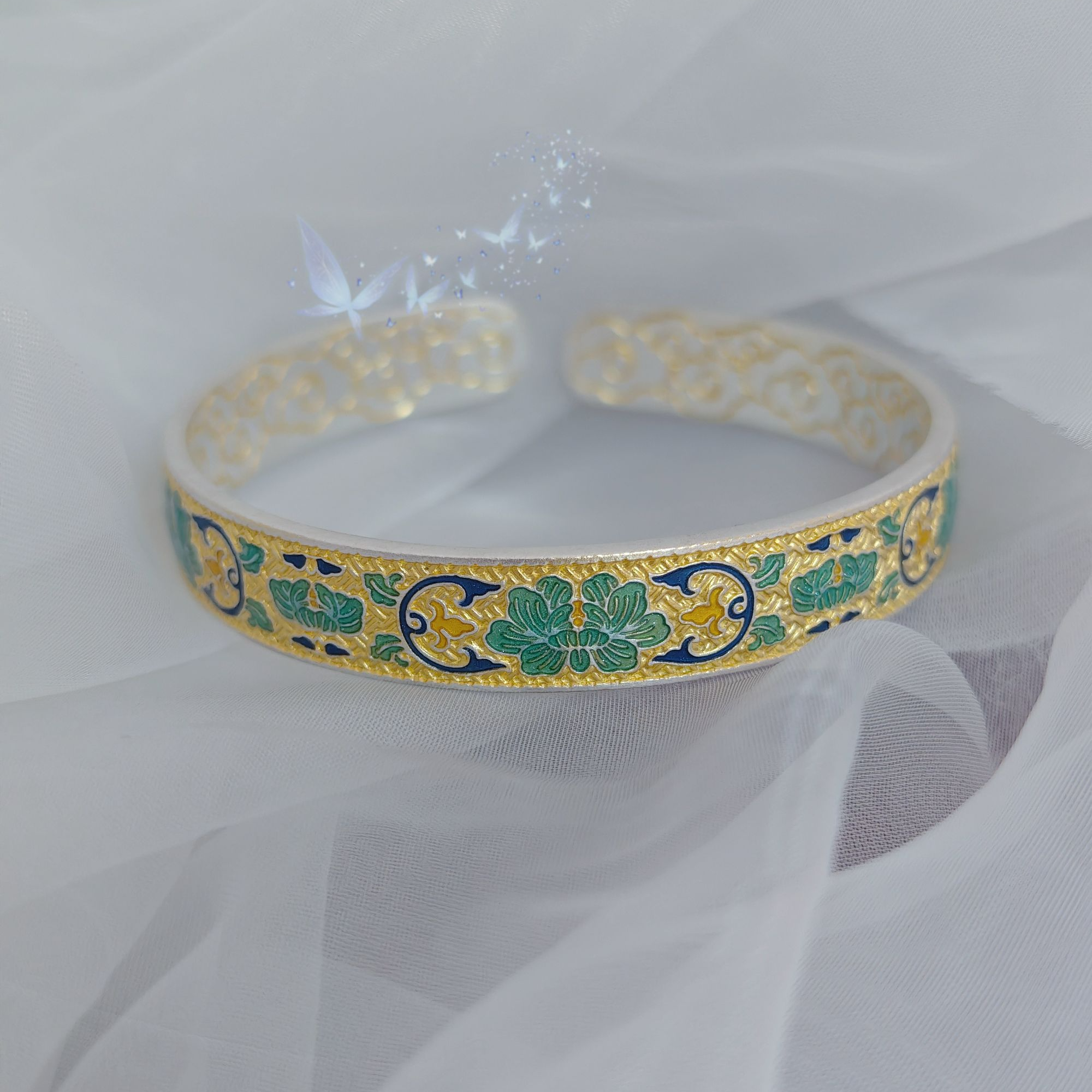 足银手镯 致爱一生足银999.9【蓝.牡丹花】珐琅手镯