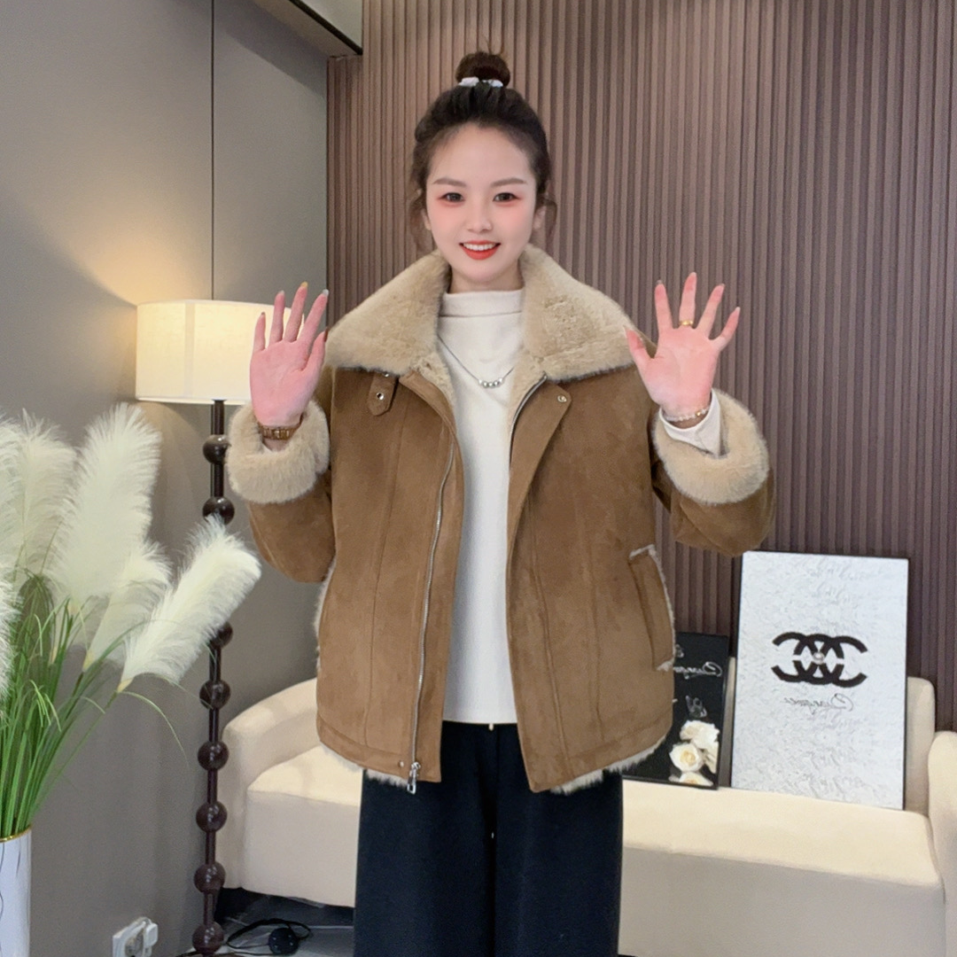 036款冬季双层牛皮绒新款复古加绒保暖磨砂皮外套