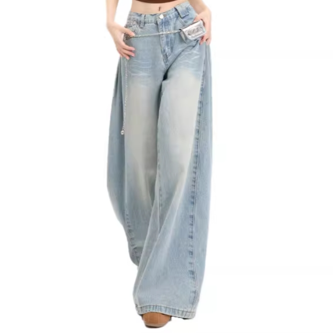  浅色做旧水洗美式街头流行高级感拖地牛仔裤女2025新款