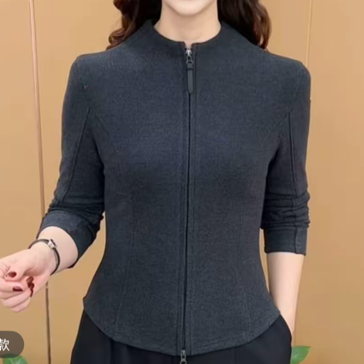 秋冬新款时尚双拉链纯色双面绒打底衫修身百搭洋气妈妈装