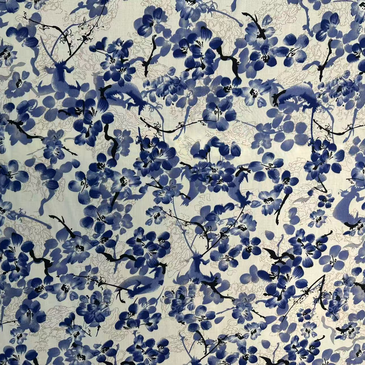 精品棉绸面料 数码印花 青瓷蝴蝶花