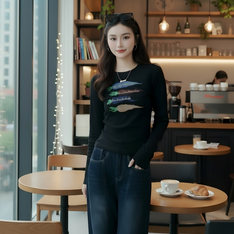 【趣味胡萝卜】25秋冬新品加绒长袖慕斯绒显瘦女修身打底t恤C692