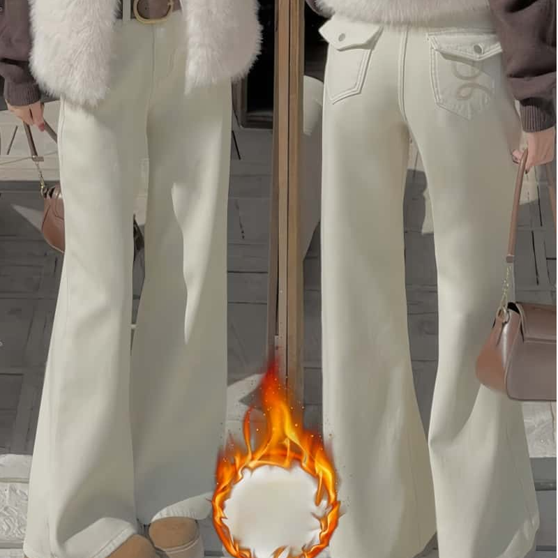 2025纯棉冬季米白色不贴腿微喇牛仔裤女高腰显瘦休闲加绒阔腿裤子